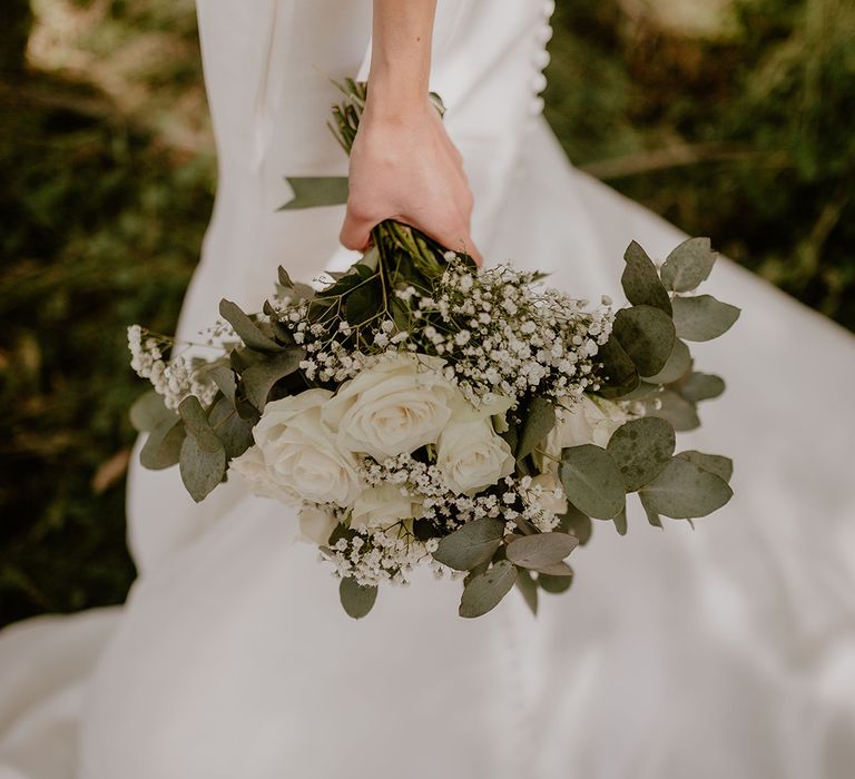 White rose and gypsophila wedding bouquet for Cissbury Barns classic wedding 