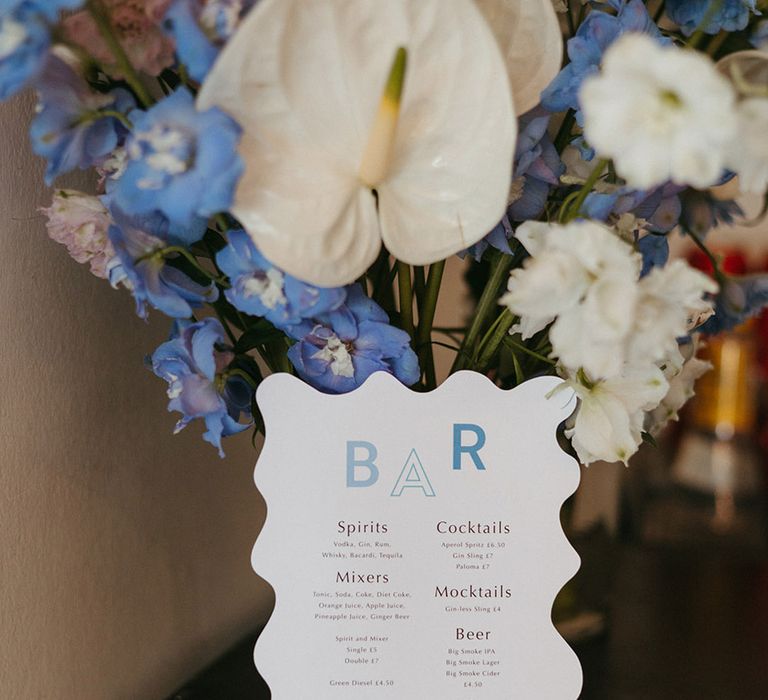 Wavy blue, black and white wedding drinks menu card 