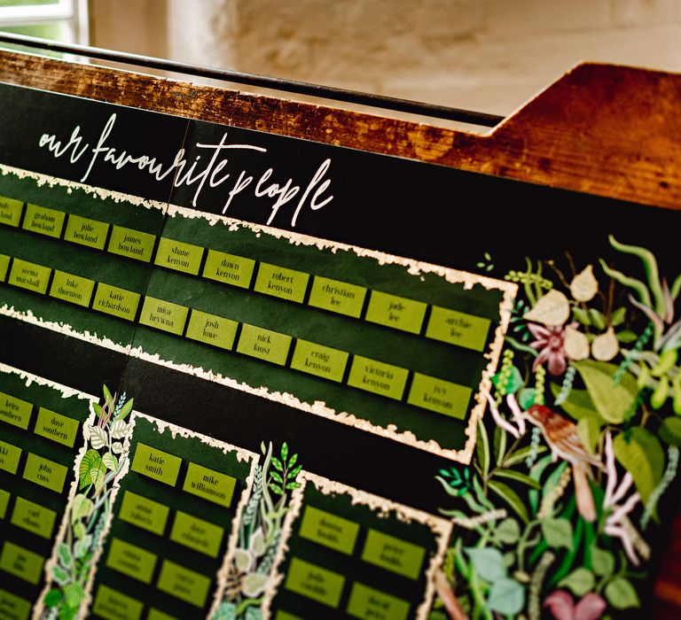 Colourful seating chart with botanical style on wooden easel 