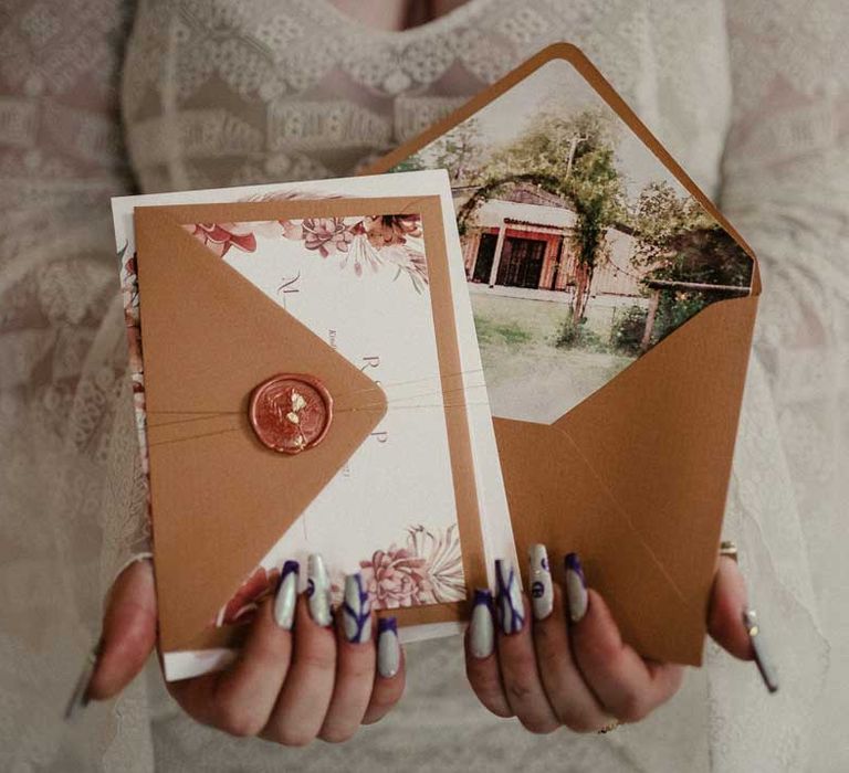 Bride with monochrome acrylic bridal nails holding botanical luxe wedding stationery in brown envelopes with personalised wax seals 