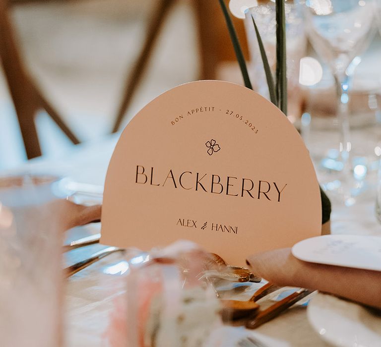 Pink and black wedding table name signage 