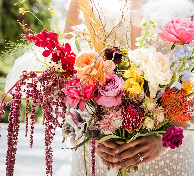 Bright and vibrant pink and yellow wedding bouquet 