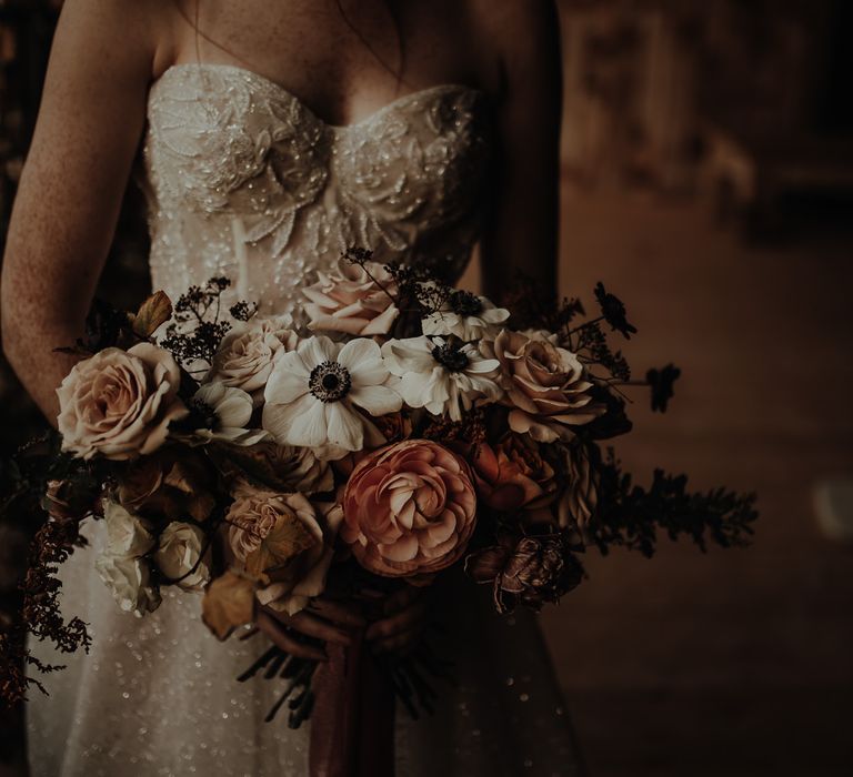 Pink and white wedding bouquet for Christmas wedding inspiration shoot