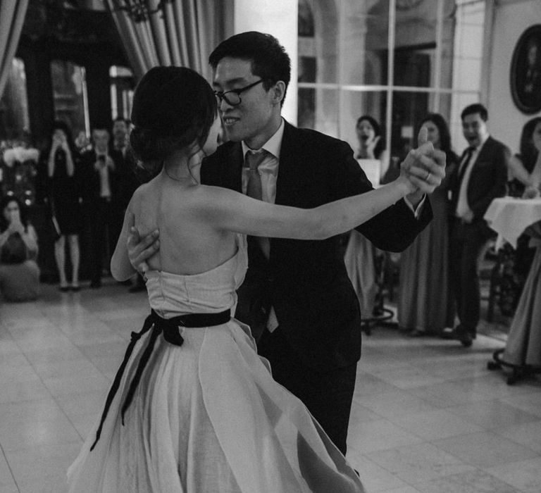 Bride and groom first dance with the bride in a second wedding dress