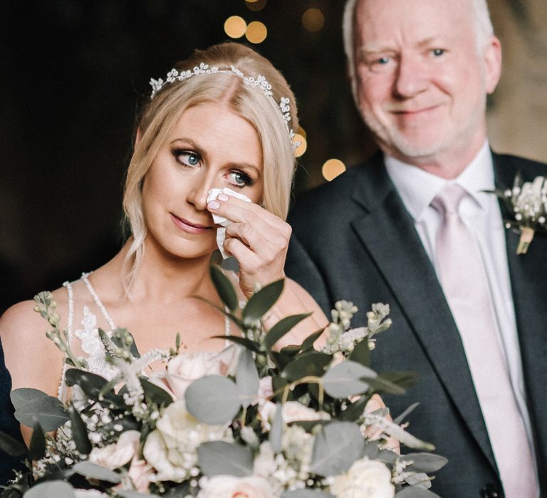 Bride and father of the bride at Cotswold barn wedding 