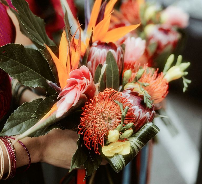 Tropical flower bouquet with bird of paradise 