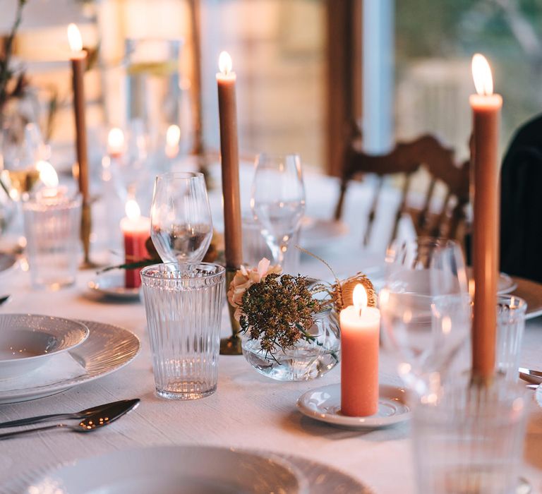 Minimal, Scandi pink candlesticks decorated the wedding table