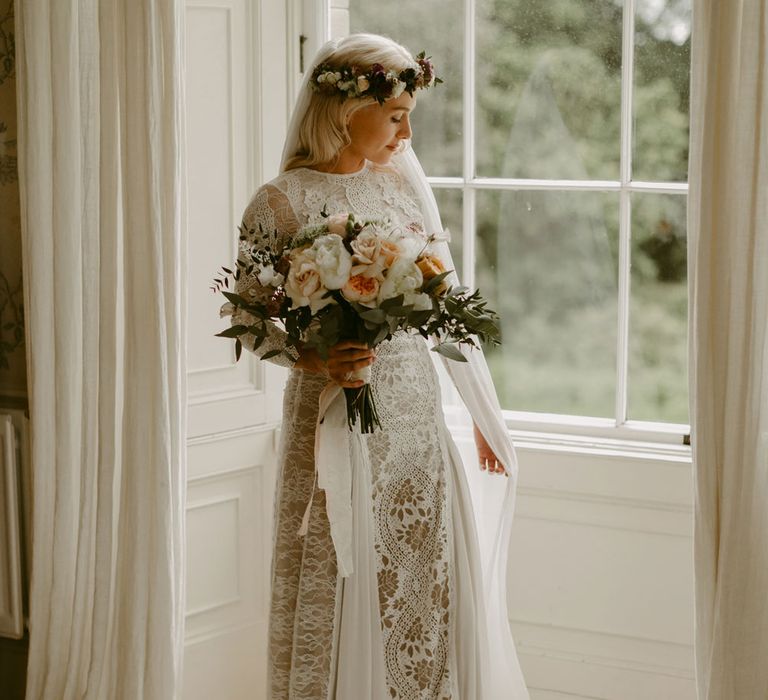 Bride in Grace Loves Lace Wedding Dress, single tier cathedral length veil and flower crown at Drenagh Estate wedding holding pink and white rose bouquet