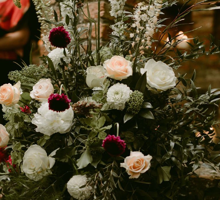 Blush pink, white rose and foliage floral decoration at Drenagh Estate wedding