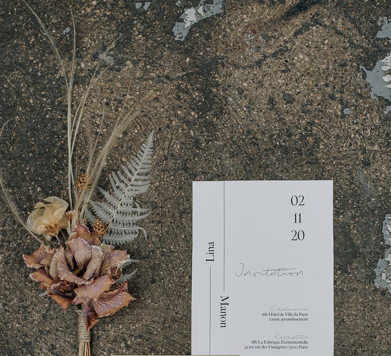 Minimal white and brown wedding invitations for modern all white wedding