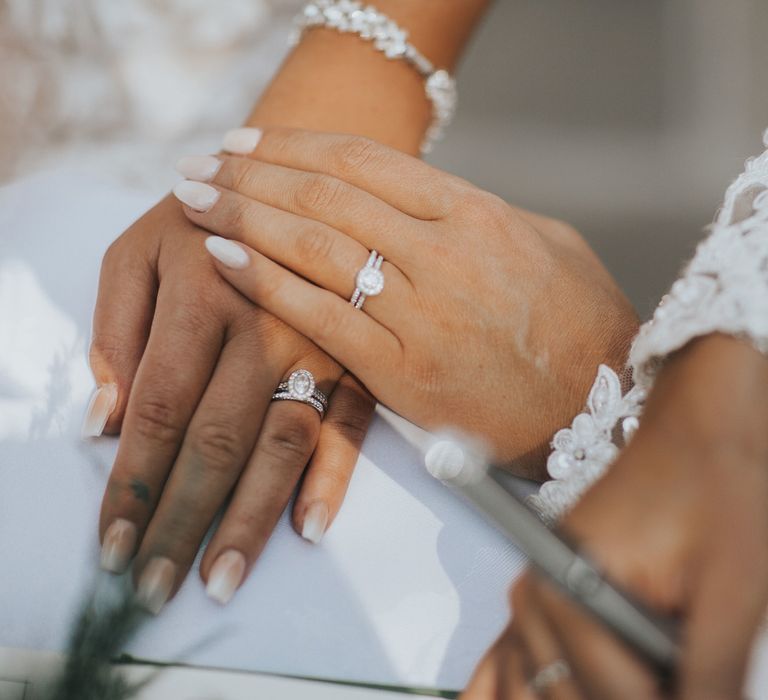 A close up shot of two brides' wedding rings. 