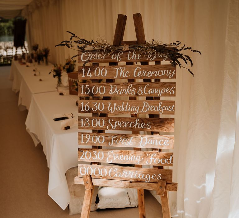 DIY pallet 'Order Of The Day' wedding signage complete with lavender decor to the top 