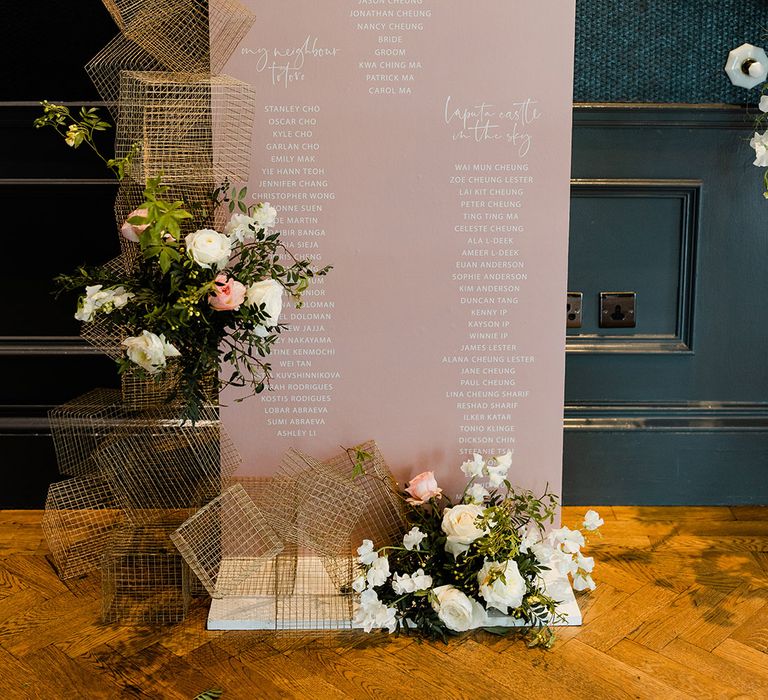 Pastel pink wedding signage with white writing and modern styling 