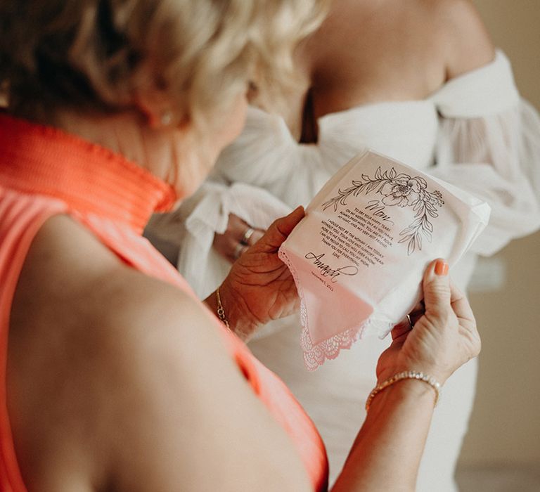 personalised handkerchief poem for the mother of the bride at Mexico wedding 