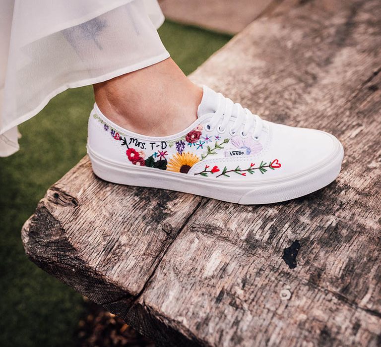 Embroidered white wedding trainers for bride with personal details 