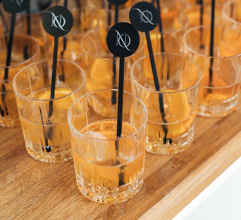 Customised black and white wedding cocktail mixers 