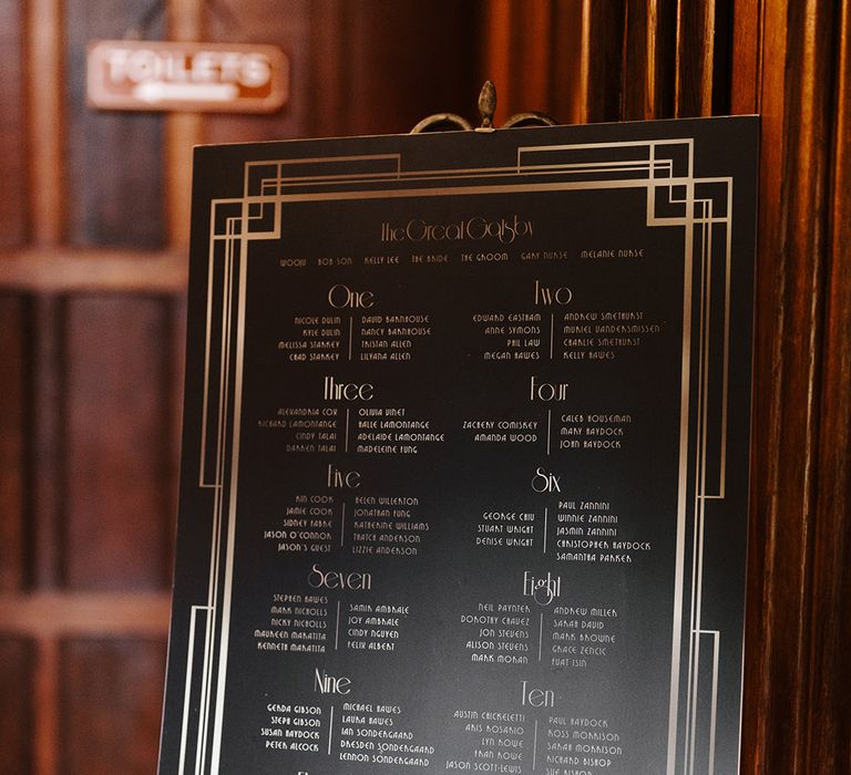 Black and gold wedding seating chart signage for 1920s inspired wedding 