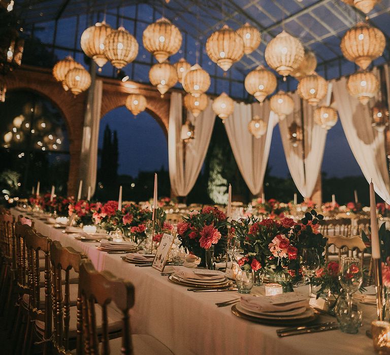 Wedding reception at Beldi Country Club in Marrakech with Moroccan lanterns 