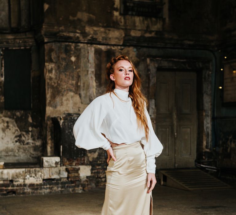 Bride in skirt and top for stylish wedding inspiration at The Asylum 