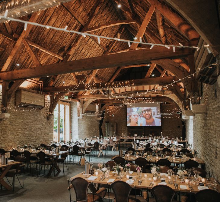 The Tythe Barn decorated with fairy lights