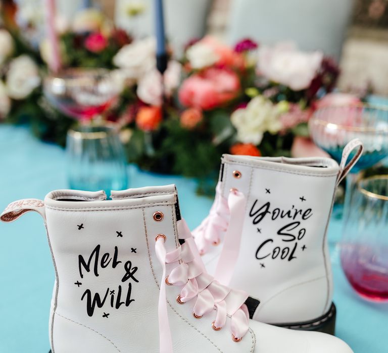 White bridal Dr Martens with personalised message