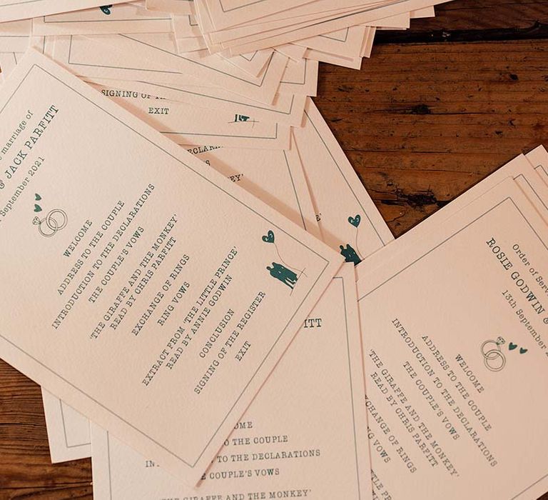 Modern wedding stationery complete with small illustrations 