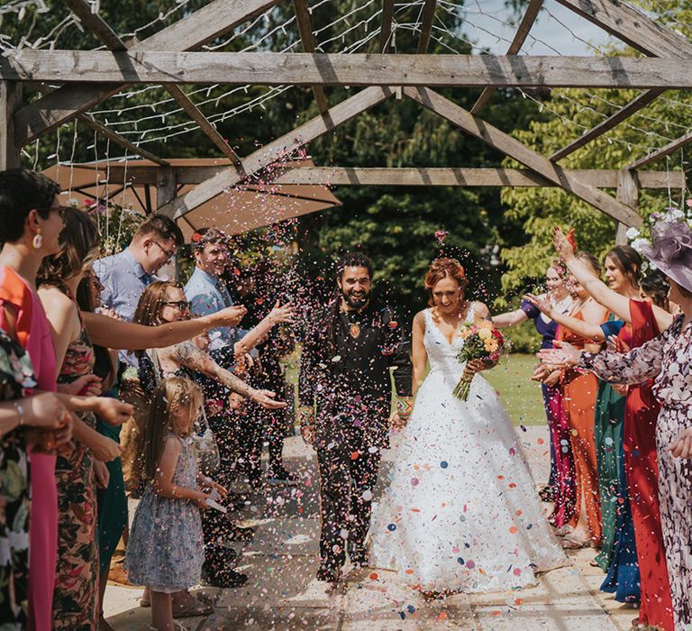 confetti moment at Deer's Leap Retreat Devon wedding venue 