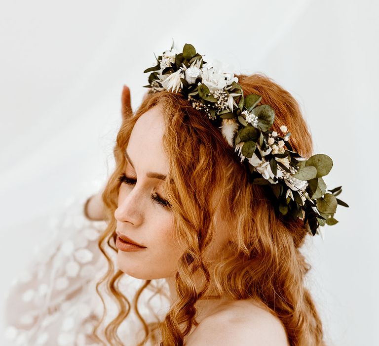 Eucalyptus and preserved flower crown for bride with long wavy hair 