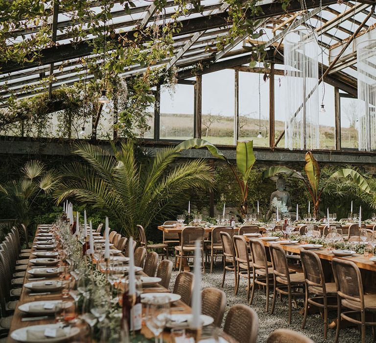 Anran Devon wedding venue glass house with macrame chandelier wedding lighting 