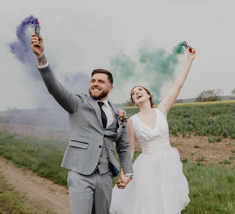 Smoke bomb wedding portrait for boho festival wedding 