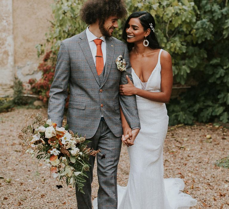 Bride and groom at Autumn wedding at Hooton Pagnell Hall 