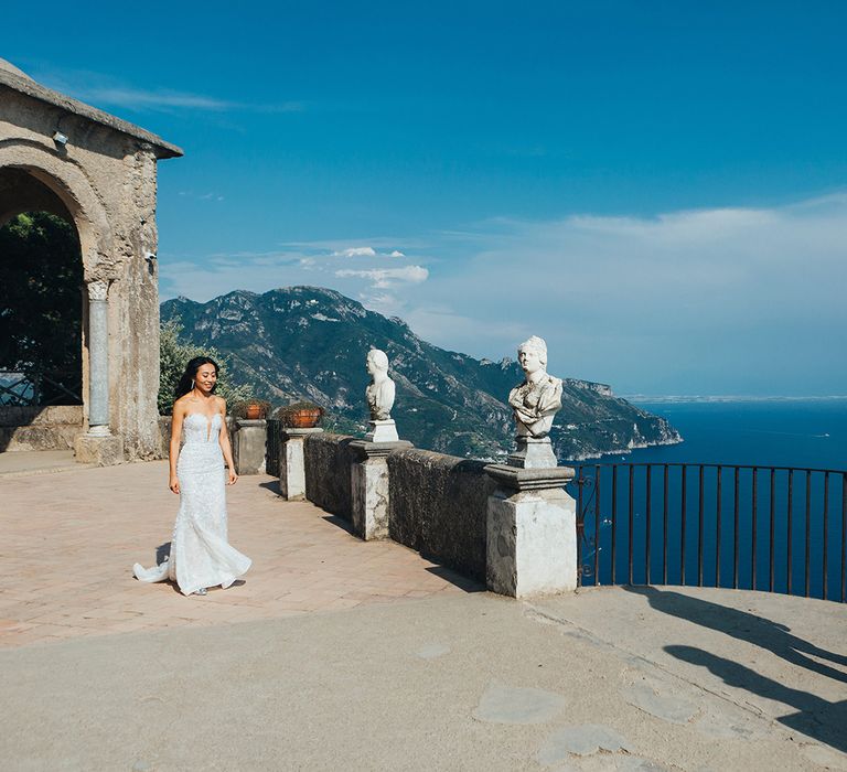 Bride and groom first look with the Amalfi coast in the background