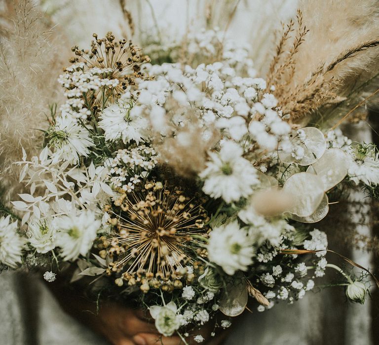 Dried and fresh flower wedding bouquet in neutral tones 