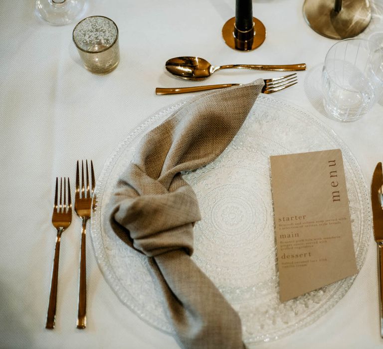 Simple, sophisticated rustic luxe wedding ideas, with gold cutlery and neutral linens