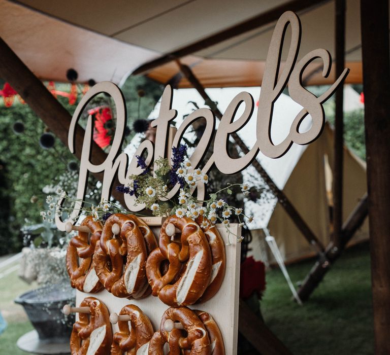 DIY pretzel wall for rustic wedding