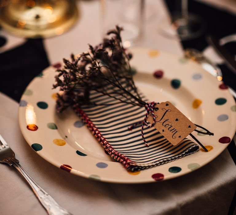 Polka dot plate with flower stem place name