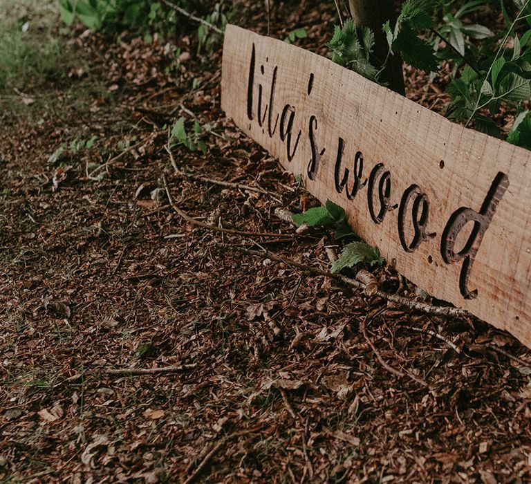 Lila's Wood wedding sign at woodland wedding venue in Hertfordshire 