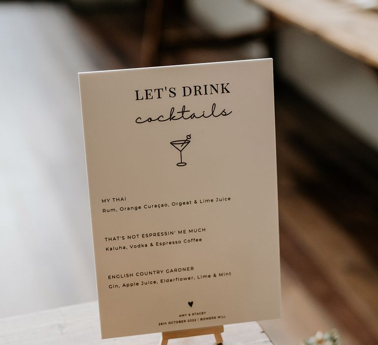 Minimalist style wedding cocktail menu 