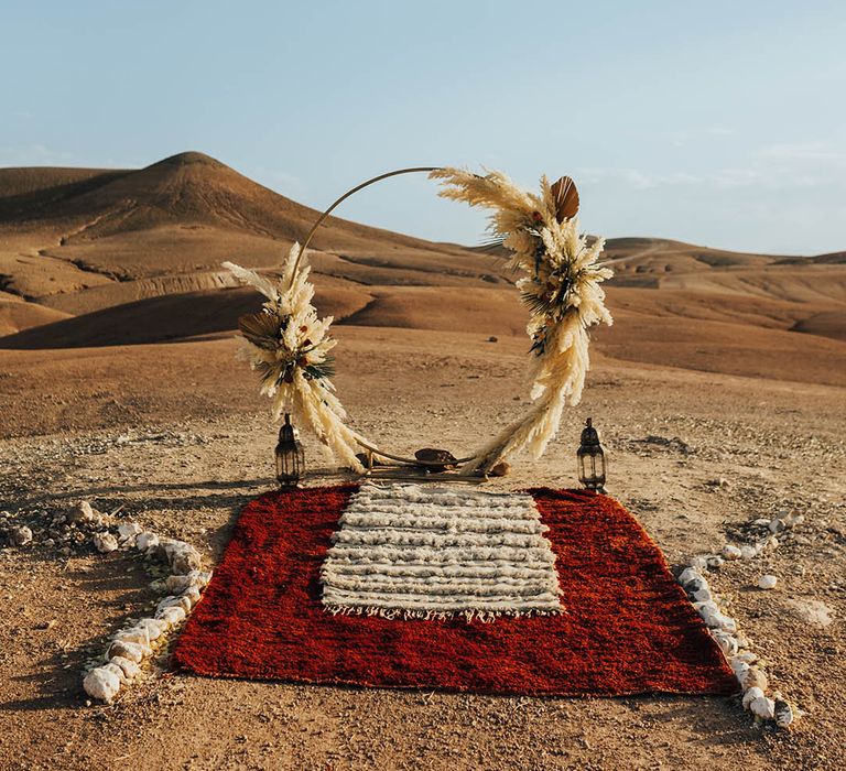 Boho pampas grass moongate altar decoration for desert elopement 