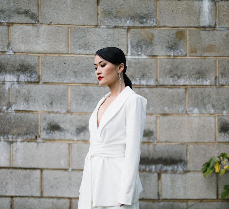 White bridal suit and blazer with culotte flared trousers 