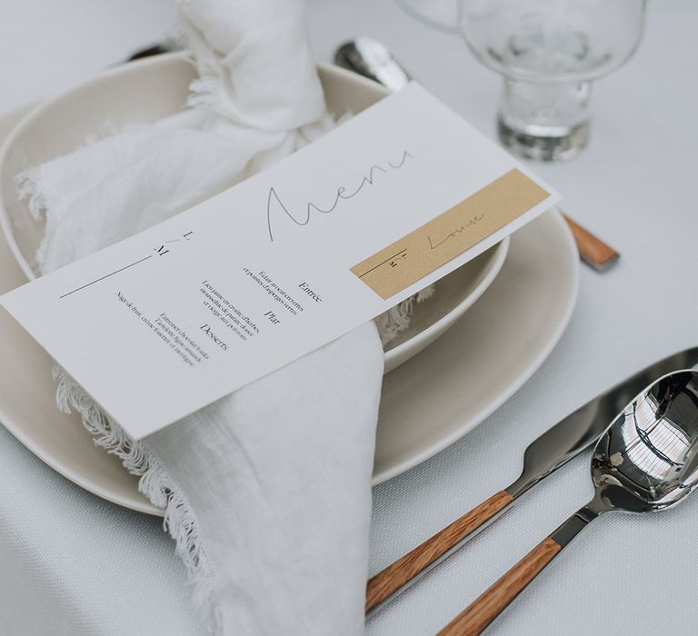 White and neutral minimal design wedding stationery menu for all white wedding inspiration