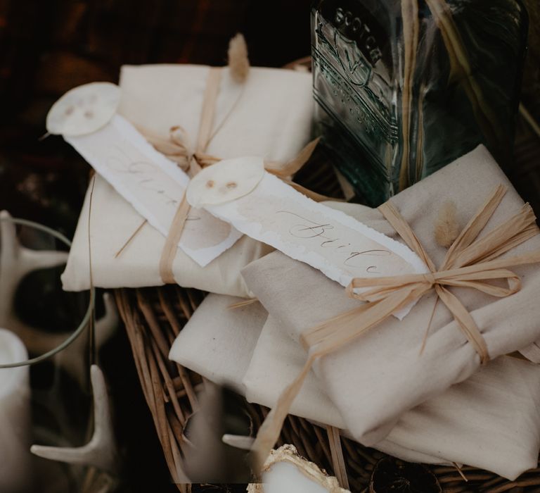 Classic wedding stationery tied with brown string