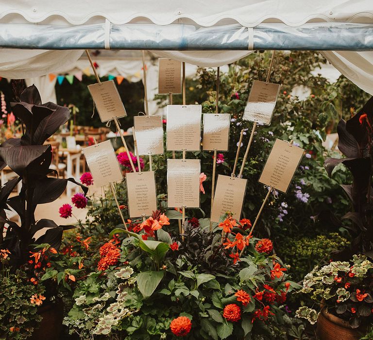 Wedding table plan in a planter box with craft paper stationery 