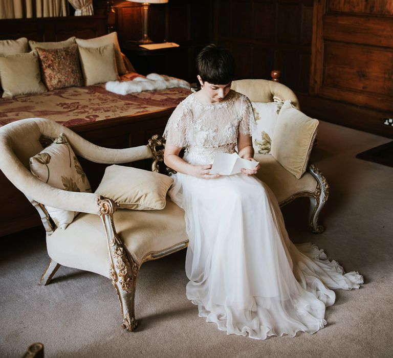 Real bride in an Ana Kara wedding dress with floats skirt and appliqué bodice 