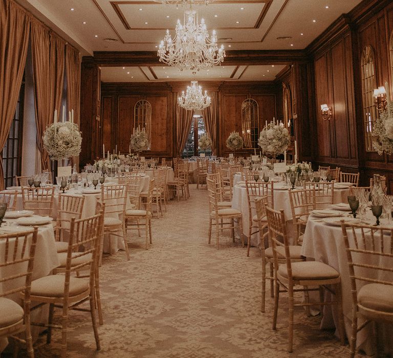 3 huge chandeliers in grand hall at Hedsor House wedding