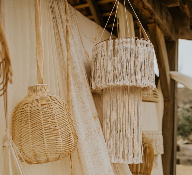 macrame and wicker chandelier wedding decor 