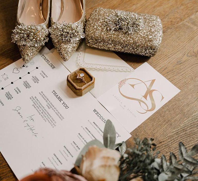 Minimalist wedding stationery suite with sparkly clutch bag and shoes 