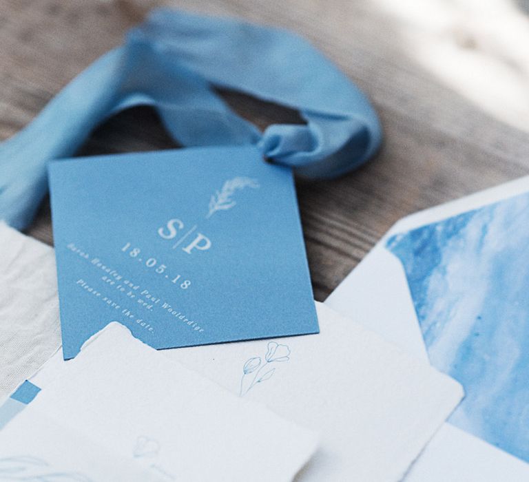 Blue and white wedding stationery 