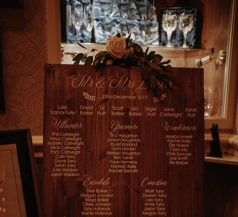 Rustic wedding seating plan for cosy winter wedding 