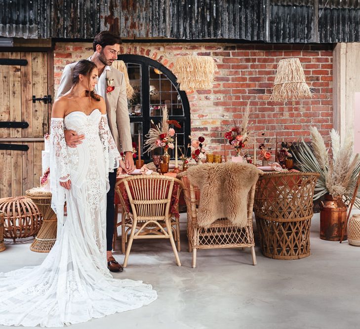 Bride & groom in rustic and boho inspired shoot